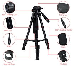 Coopic 165cm T800 II 2-in-1 Photography Tripod Monopod Stand Aluminium Alloy 3-Way Swivel Pan with Carrying Bag for DSLR Cameras Camcorders, Black