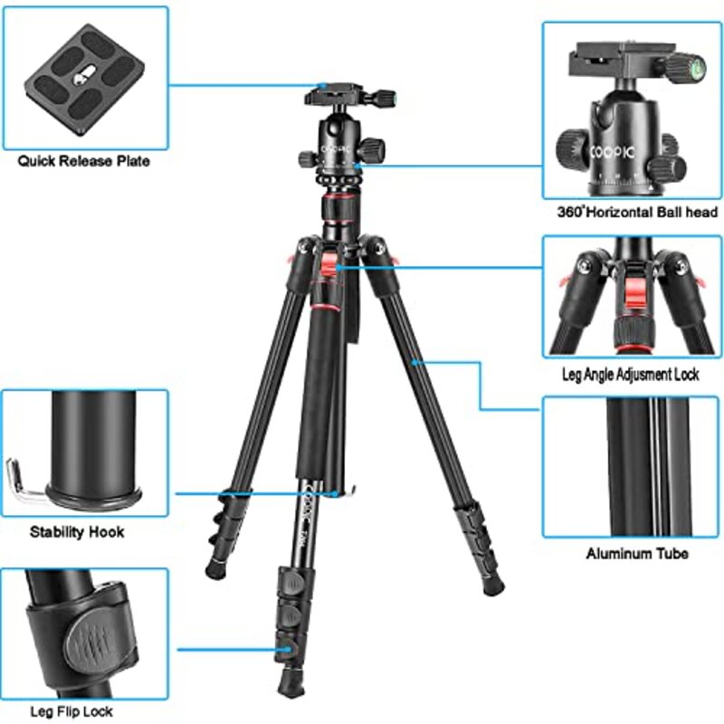 Coopic T264 67-Inch 2 in 1 Lightweight Portable Tripod for SLR DSLR Cameras with Tripod Bag, Black