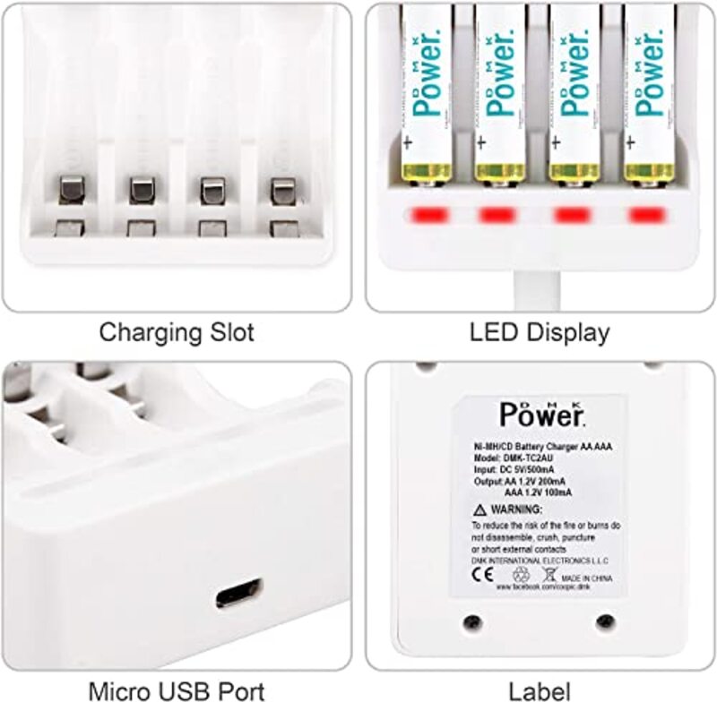 DMK Power TC2AU AA AAA Battery Charger 4 Independent Slot Smart Fast Charger with LED Light Battery Charger for Sony AA AAA Ni-Cd Ni-MH Rechargeable Battery, White