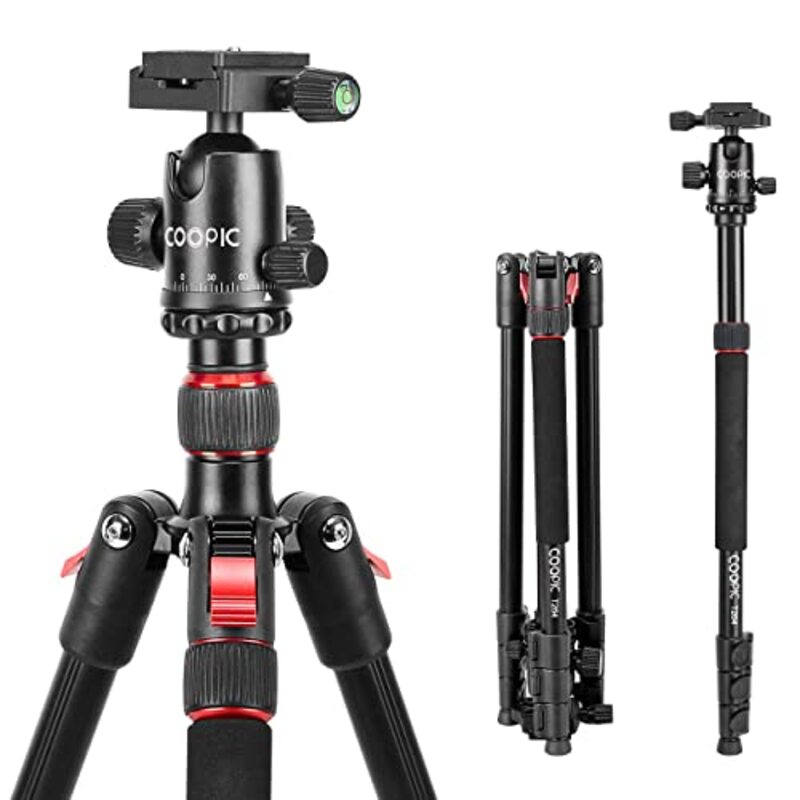 Coopic T264 170cm 2 in 1 Lightweight Portable Tripod for SLR DSLR Cameras with Tripod Bag & Mobile Holder, Black