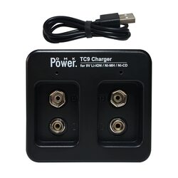 DMK Power TC9 Charger with Micro USB made for 9V Li-ion Ni-MH Ni-CD Rechargeable Lithium Battery, Black