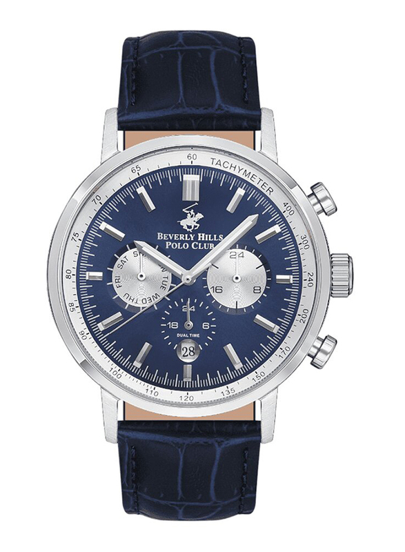 Beverly Hills Polo Club Analog Watch for Men with Leather Band, Water Resistant & Chronograph, BP3303X.399, Dark Blue/Silver-Dark Blue