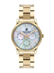 Beverly Hills Polo Club Multi-function Analog Watch for Women with Stainless Steel Band & Water Resistant, BP3360X.120, Gold-Mother Of Pearl