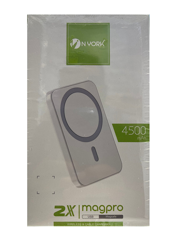 Nyork 4500mAh 2X Magpro USB Magsafe Wireless & Cable Charging Power Bank, White