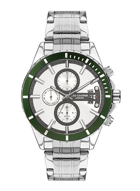 Lee Cooper Analog Multi-Function Watch for Men with Stainless Steel Band, Water Resistant & Chronograph, LC07529.330, Green/Silver-Silver