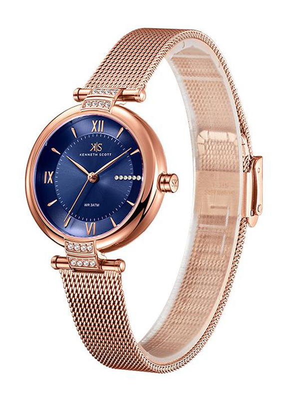 Kenneth Scott Analog Watch for Women with Stainless Steel Band, Water Resistant, K22538-RMKN, Blue-Rose Gold