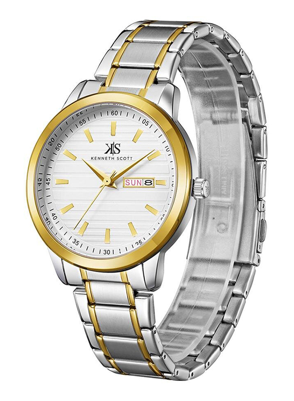 Kenneth Scott Analog Watch for Men Stainless Steel Band, Water Resistant, K22027-TBTW, White/Silver/gold