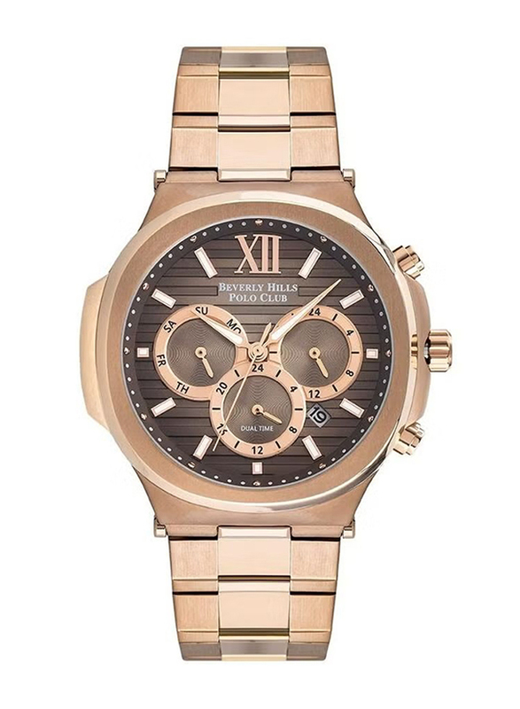 Beverly Hills Polo Club Analog Watch for Men with Stainless Steel Band, Chronograph, BP3216X.470, Rose Gold-Brown
