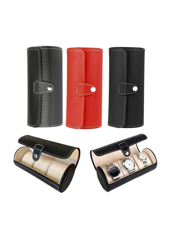 3-Piece Leatherette Travel Watch Pouch Roll Organizer Case, Red