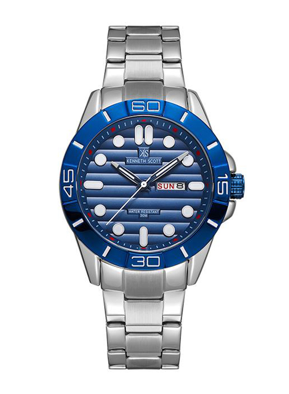 Kenneth Scott Analog Watch for Men with Stainless Steel Band, Water Resistant, K22043-SBSN, Blue-Silver