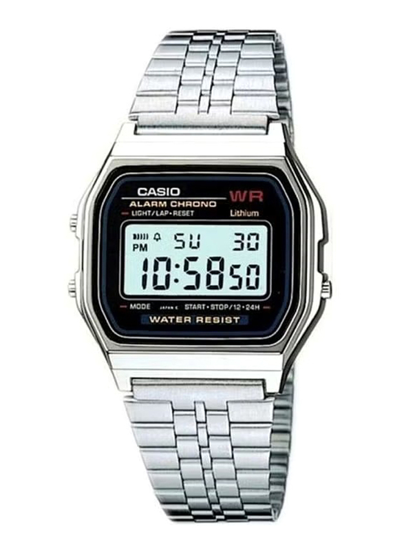 Casio Digital Watch for Men with Stainless Steel Band, Water Resistant, A159WA-N1DF, Silver-Black