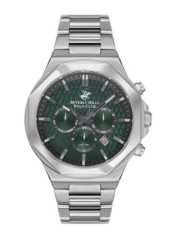 Beverly Hills Polo Club Analog Watch for Men with Stainless Steel Band, Water Resistant & Chronograph, BP3361X.370, Silver-Green