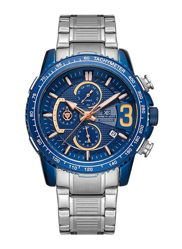 

Kenneth Scott Analog Watch for Men with Stainless Steel Band, Water Resistant & Chronograph, K22139-SBSN, Silver-Blue