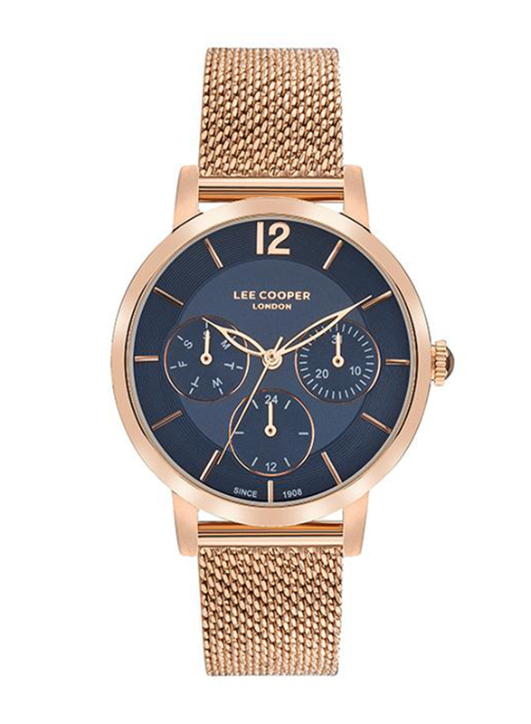 Lee Cooper Analog Multi-Function Watch for Women with Stainless Steel Band, Water Resistant & Chronograph, LC07552.490, Blue-Rose Gold