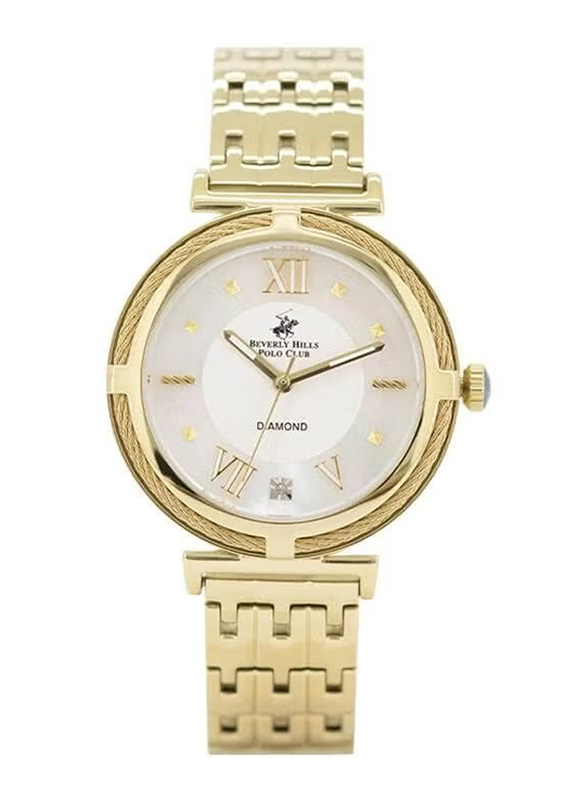 Beverly Hills Polo Club Analog Watch for Women with Stainless Steel Band, BP3222X.120, Gold-White