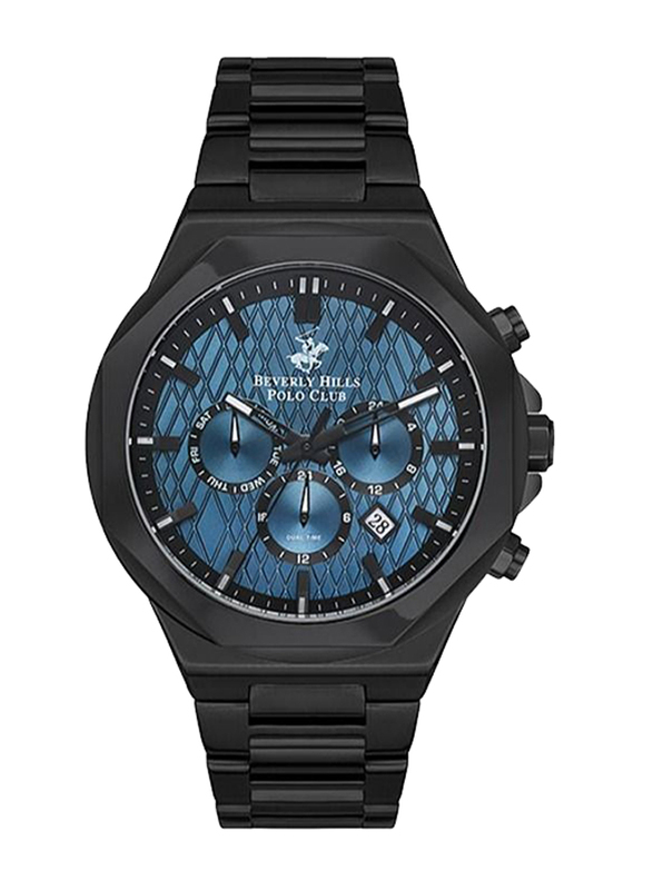 Beverly Hills Polo Club Analog Watch for Men with Stainless Steel Band, Water Resistant & Chronograph, BP3361X.690, Black/Dark Blue