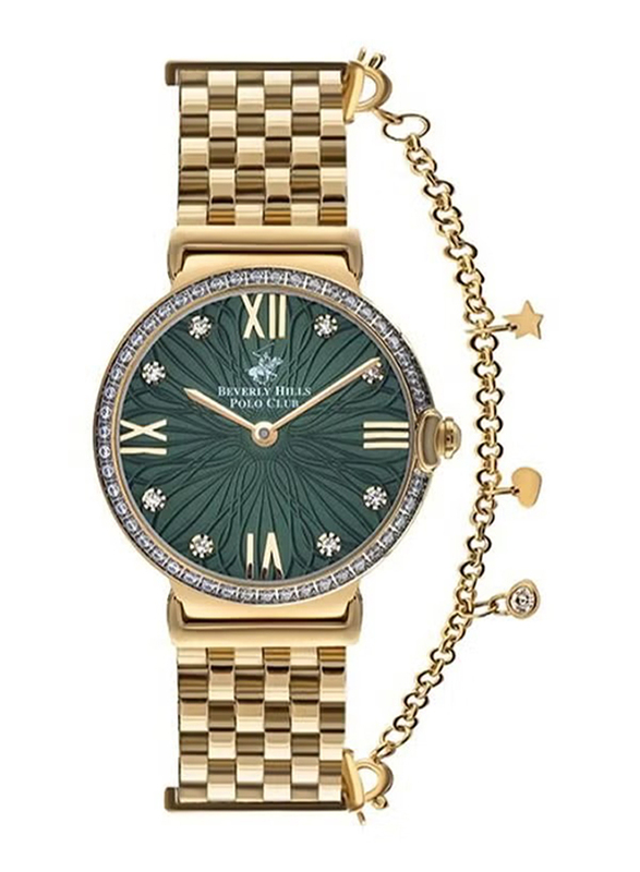 Beverly Hills Polo Club Analog Watch for Women with Metal Band, Water Resistant, BP3362C.170, Gold-Green