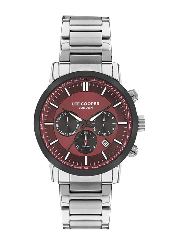 Lee Cooper Analog Watch for Men Stainless Steel Band, Water Resistant & Chronograph, LC07505.380, Red/Silver