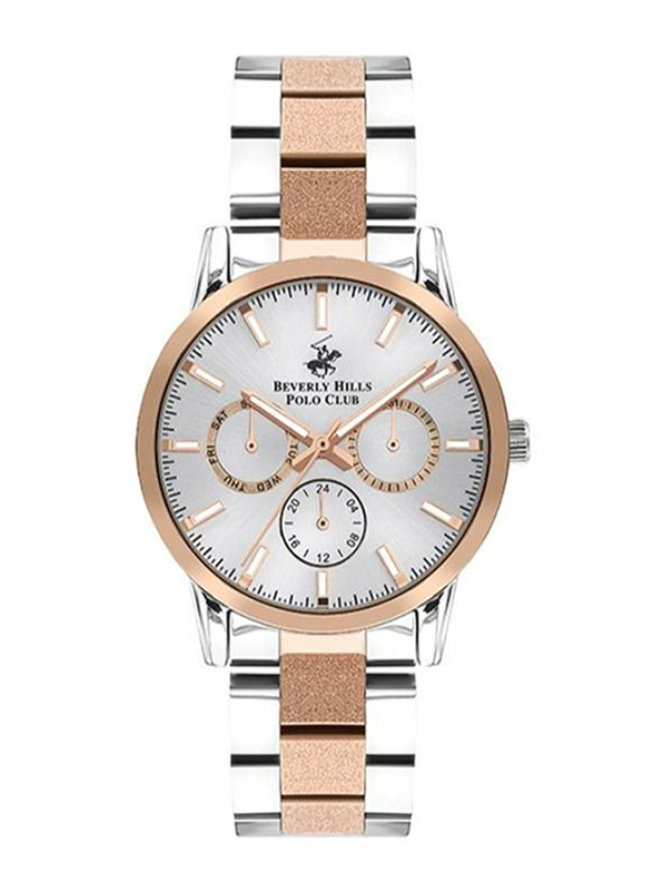 Beverly Hills Polo Club Multi-function Analog Watch for Women with Stainless Steel Band & Water Resistant, BP3360X.530, Silver/Rose Gold-Silver