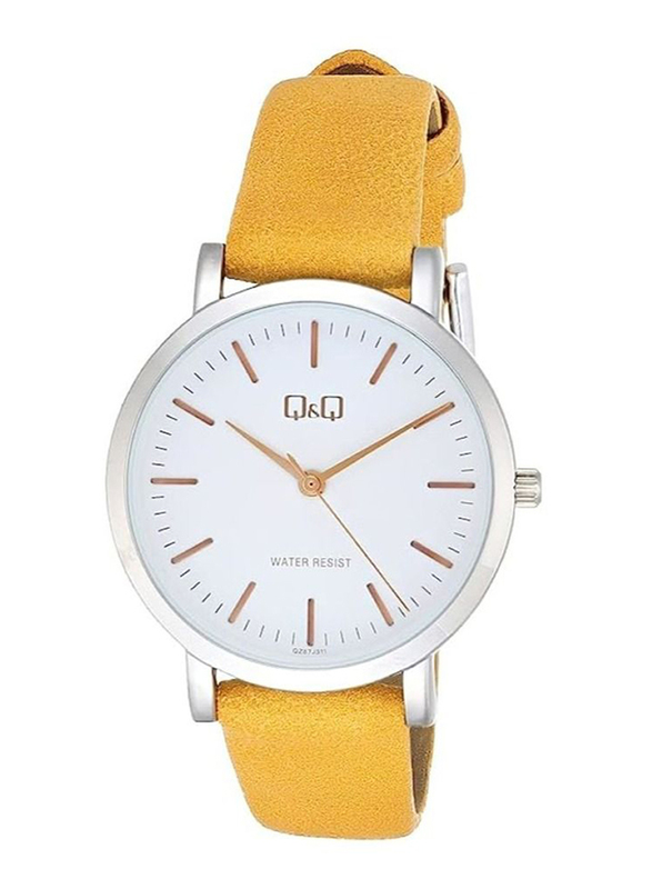 Q&Q Analog Watch for Women with PU Leather Band, QZ87J311Y, Yellow-White