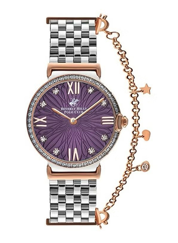 Beverly Hills Polo Club Analog Watch for Women with Stainless Steel Band, BP3362C.580, Silver-Purple