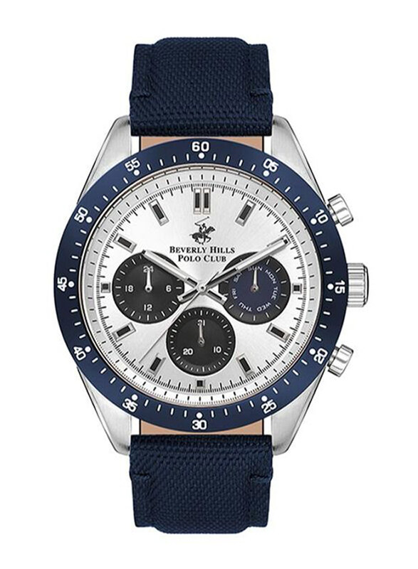 

Polo Beverlly Hills Beverly Hills Polo Club Multi Function Analog Watch for Men with Leather Band, Water Resistant & Chronograph, Bp3359x.339, Blue-White