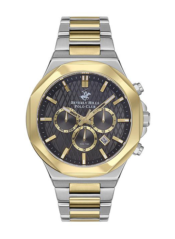 Beverly Hills Polo Club Analog Multi-Function Watch for Men with Metal Band, Water Resistant & Chronograph, BP3361X.260, Black/Gold-Silver/Gold