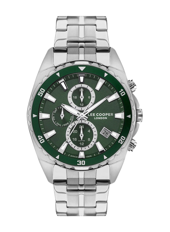 Lee Cooper Analog Watch for Men with Metal Band, Water Resistant & Chronograph, LC07515.370, Silver-Green