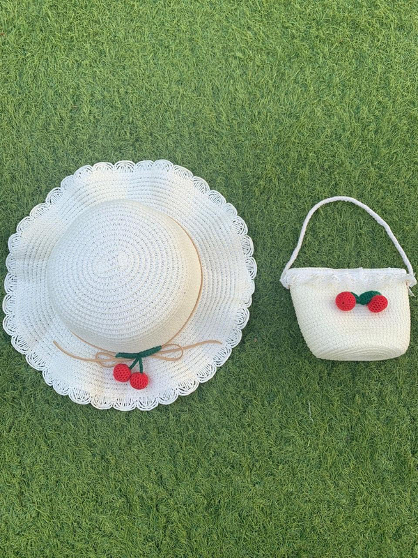 The Girl Cap Cherry Design Straw Hat & Shoulder Bag Set, 2 Pieces, White