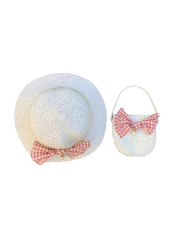 The Girl Cap Bow Straw Hat & Shoulder Bag Set, 2 Pieces, White