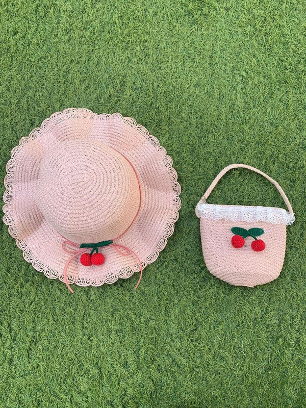 The Girl Cap Cherry Design Straw Hat & Shoulder Bag Set, 2 Pieces, Pink