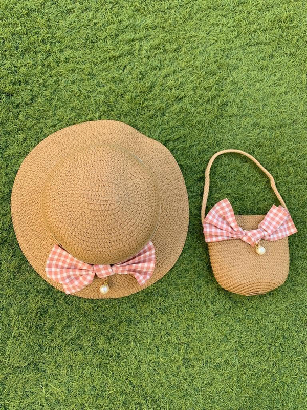 The Girl Cap Bow Straw Hat & Shoulder Bag Set, 2 Pieces, Brown