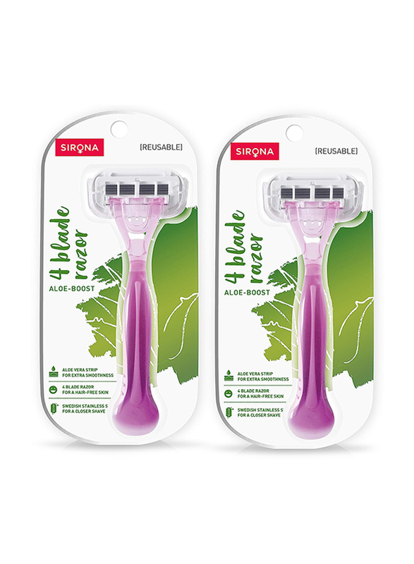 Sirona 4 Blade for Women with Aloe Boost For Smooth Arms Legs & Bikini Line Reusable Razor, 2 Pieces