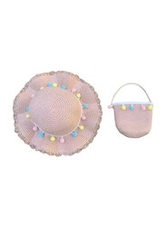 The Girl Cap Pompoms Design Straw Hat & Shoulder Bag Set, 2 Pieces, Pink