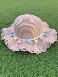 The Girl Cap Pompoms Design Straw Hat & Shoulder Bag Set, 2 Pieces, Pink