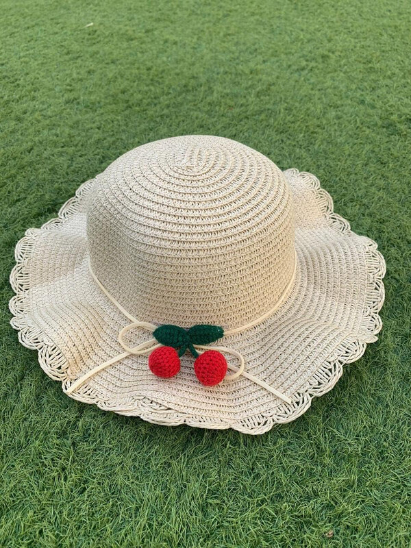 The Girl Cap Cherry Design Straw Hat & Shoulder Bag Set, 2 Pieces, Beige