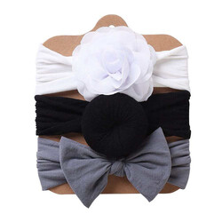 The Girl Cap Elastic Baby Headband Stretchable Nylon Assorted Hairbands Hair Accessories for Baby - 3PCs (White, Black, Grey)