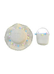 The Girl Cap Pompoms Design Straw Hat & Shoulder Bag Set, 2 Pieces, Beige