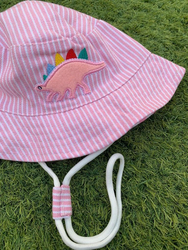 The Girl Cap All Season Sun Protection Cotton Stripes Dino Print Bucket Hat, 2-6 Years, Pink