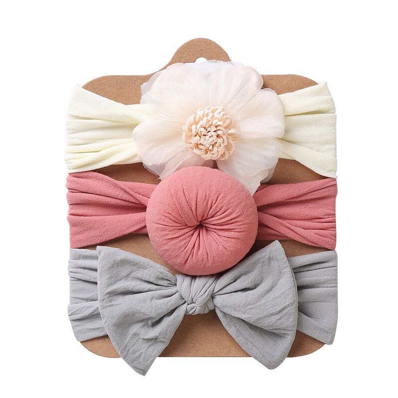 The Girl Cap Elastic Baby Headband Stretchable Nylon Assorted Hairbands Hair Accessories for Baby - 3PCs (White, Pink, Grey)