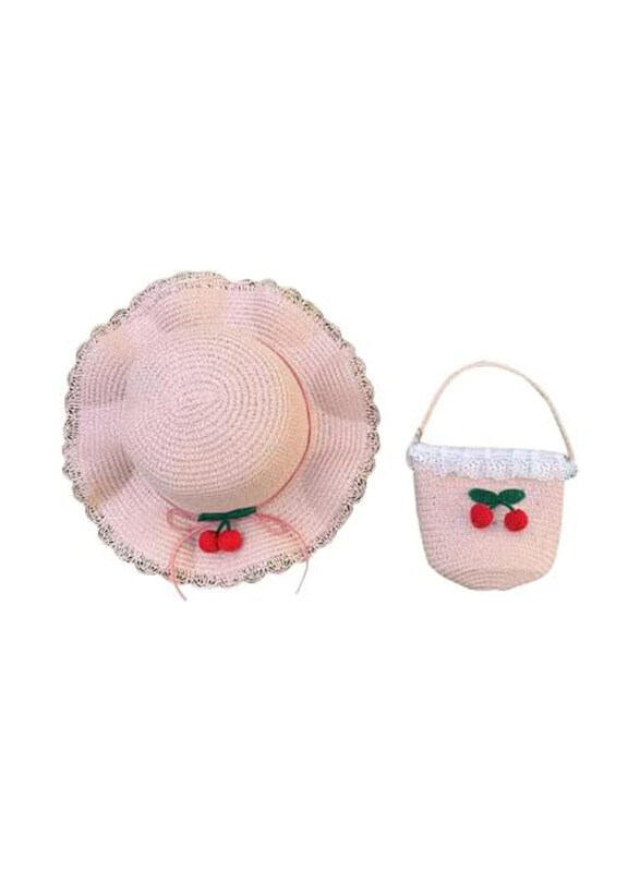 The Girl Cap Cherry Design Straw Hat & Shoulder Bag Set, 2 Pieces, Pink