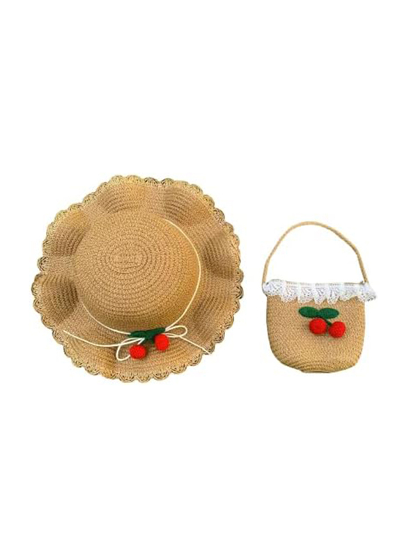 The Girl Cap Cherry Design Straw Hat & Shoulder Bag Set, 2 Pieces, Brown