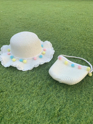The Girl Cap Pompoms Design Straw Hat & Shoulder Bag Set, 2 Pieces, White