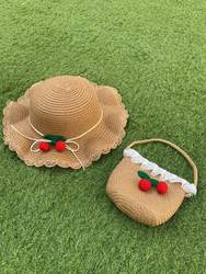 The Girl Cap Cherry Design Straw Hat & Shoulder Bag Set, 2 Pieces, Brown