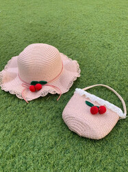 The Girl Cap Cherry Design Straw Hat & Shoulder Bag Set, 2 Pieces, Pink