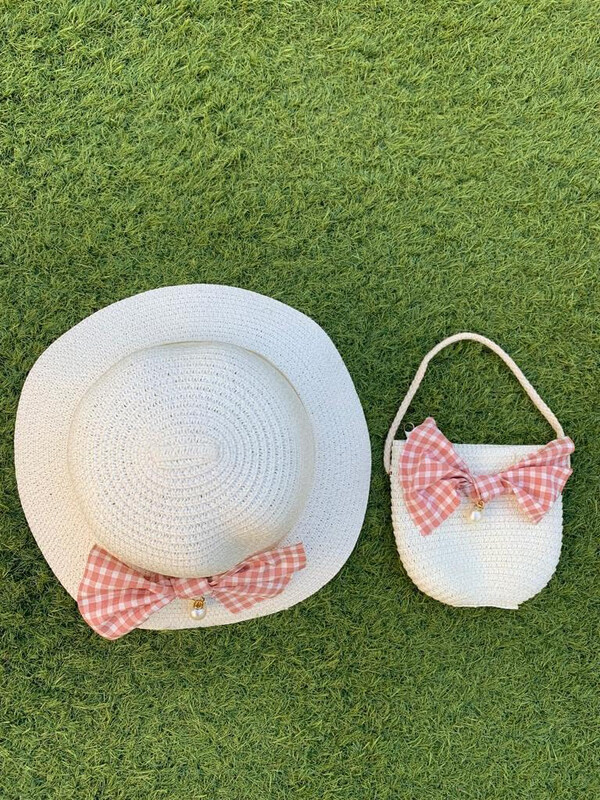 The Girl Cap Bow Straw Hat & Shoulder Bag Set, 2 Pieces, White