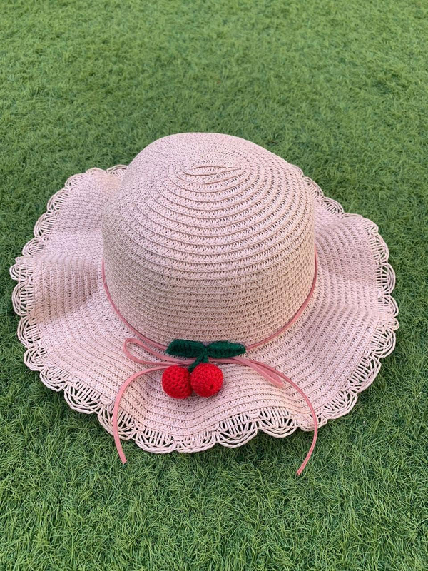 The Girl Cap Cherry Design Straw Hat & Shoulder Bag Set, 2 Pieces, Pink