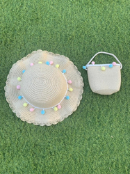The Girl Cap Pompoms Design Straw Hat & Shoulder Bag Set, 2 Pieces, Beige