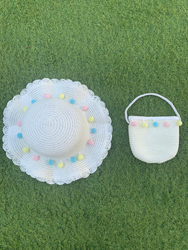 The Girl Cap Pompoms Design Straw Hat & Shoulder Bag Set, 2 Pieces, White