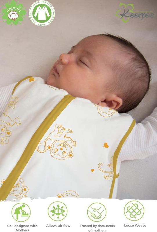 Buy Responsibly Organic Cotton 2- Layer Muslin Baby Sleeping Bag with Adorable Monkeys, KASB1005, White/Yellow